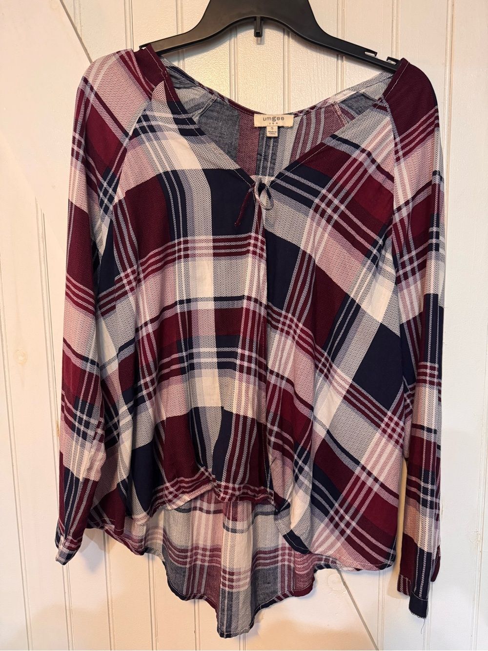 Umgee Burgundy Navy and White Plaid Long-Sleeve Blouse